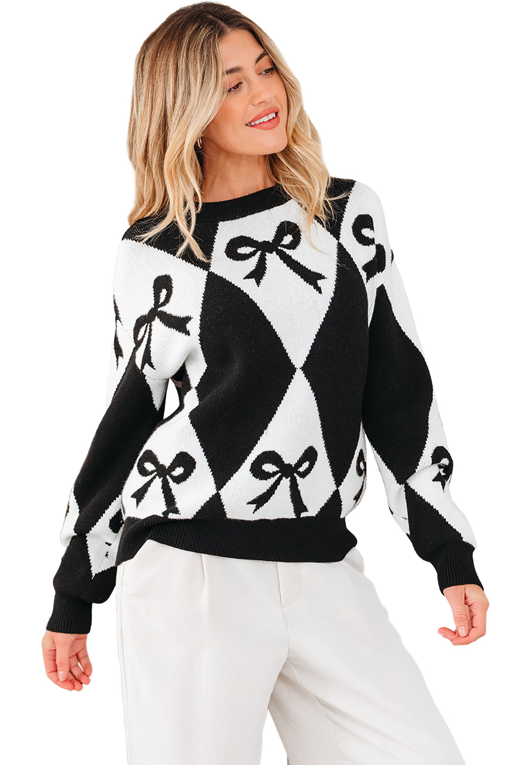 Bow Print Colorblock Rhombus Knit Sweater