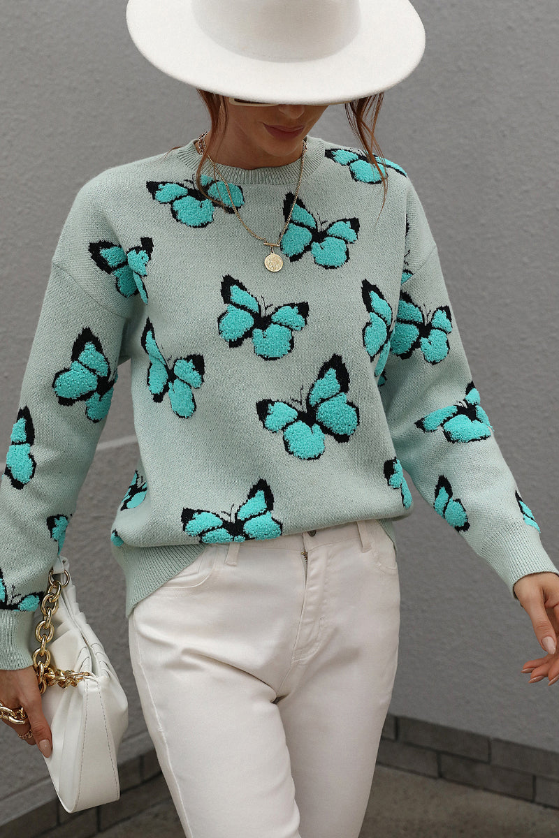 Womens Butterfly Print Crewneck Knit Sweater