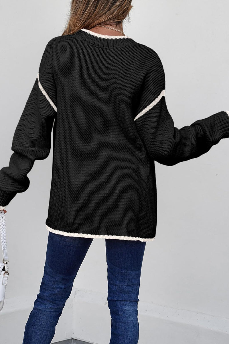 Women Color Block Crew Neck Pullover Sweater