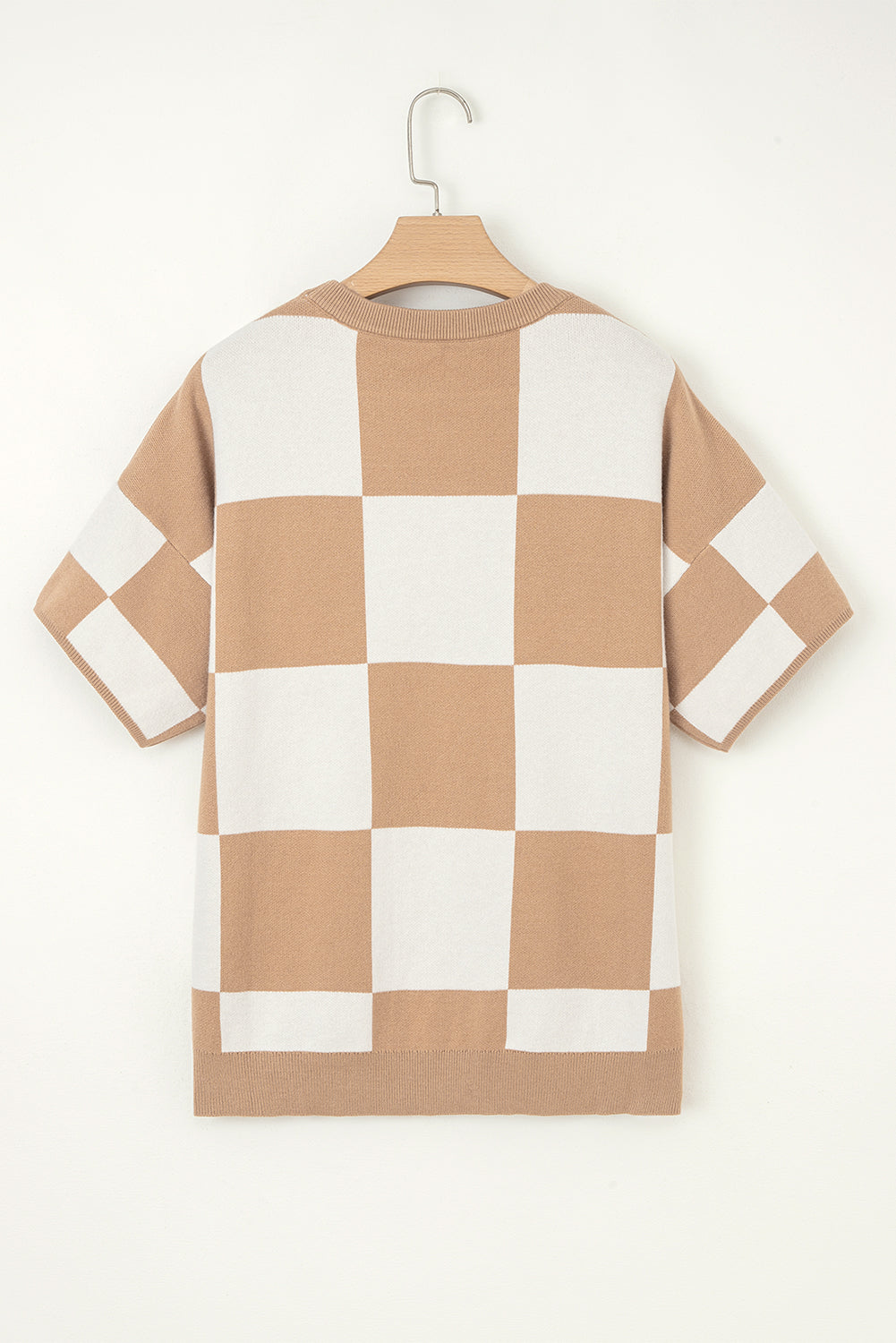 Checkered Colorblock Loose Knit Half Sleeve Sweater