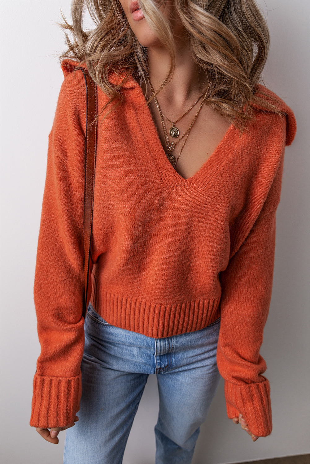 Collared V Neck Ribbed Edge Elegant Sweater