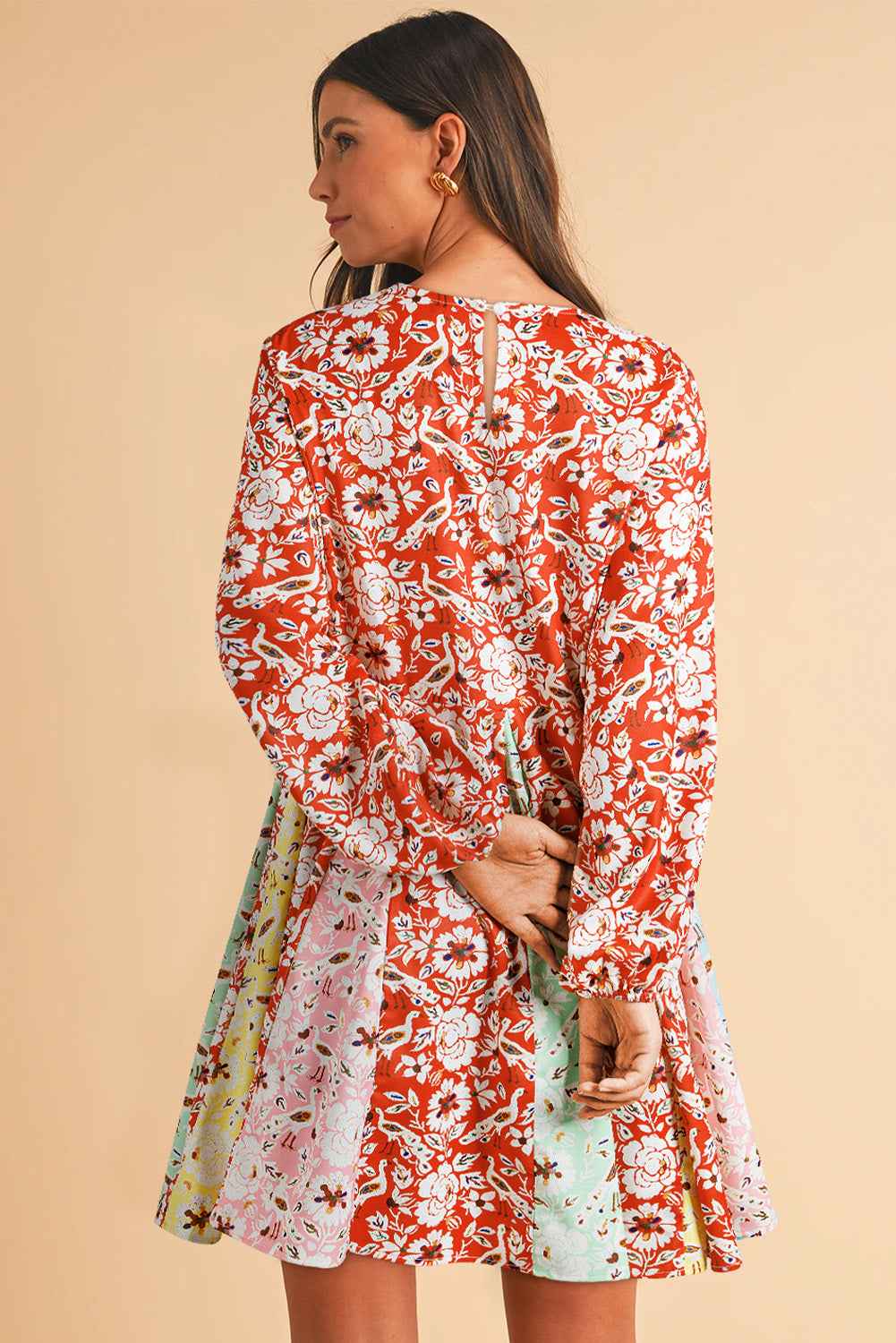Colorful Floral Patchwork Pleated Mini Dress
