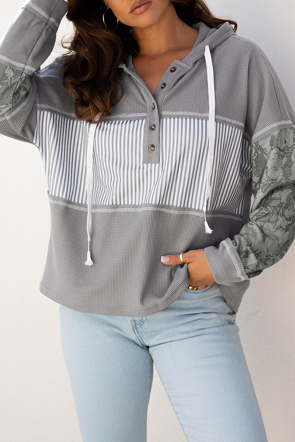 Waffle Patchwork Stripe Print Hooded Long Sleeve Top