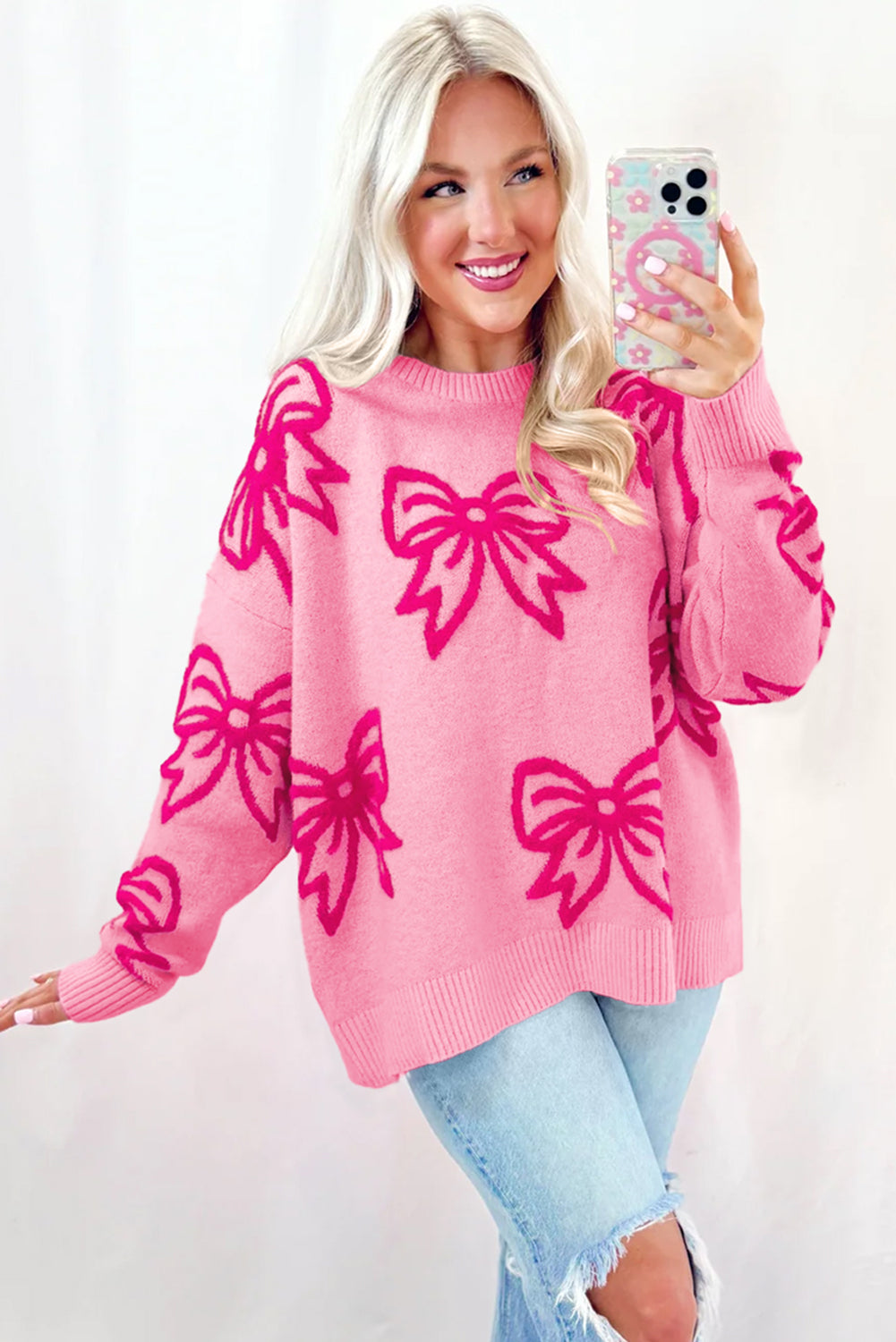 Bow Pattern Drop Shoulder Loose Knit Sweater