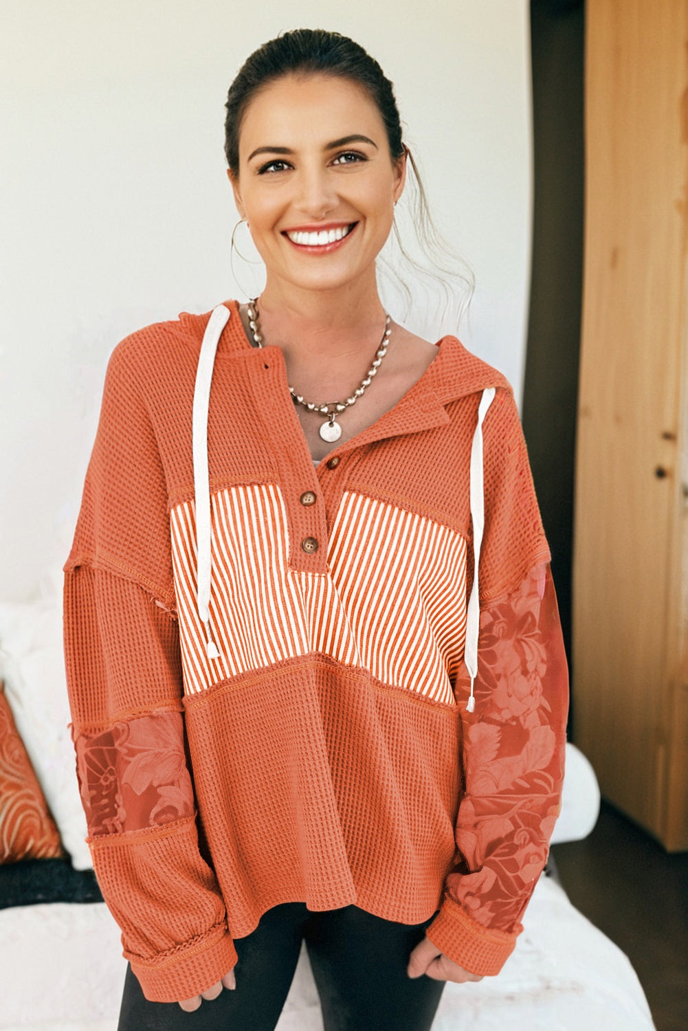 Waffle Patchwork Stripe Print Hooded Long Sleeve Top