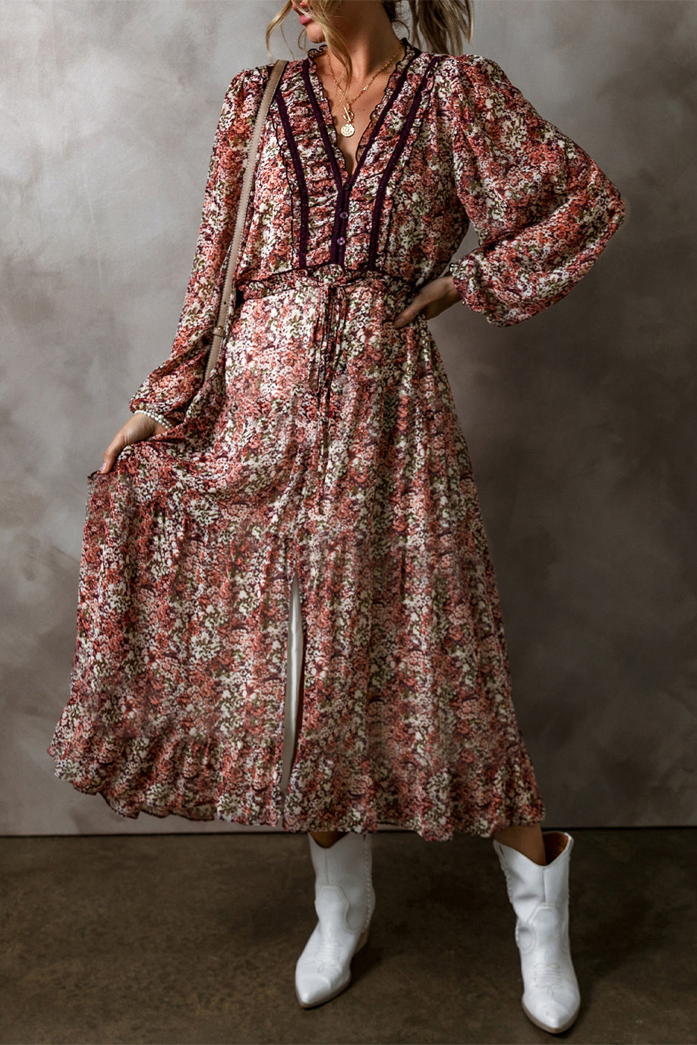 Floral Print V Neck Bishop Sleeve High Waist Midi Dress