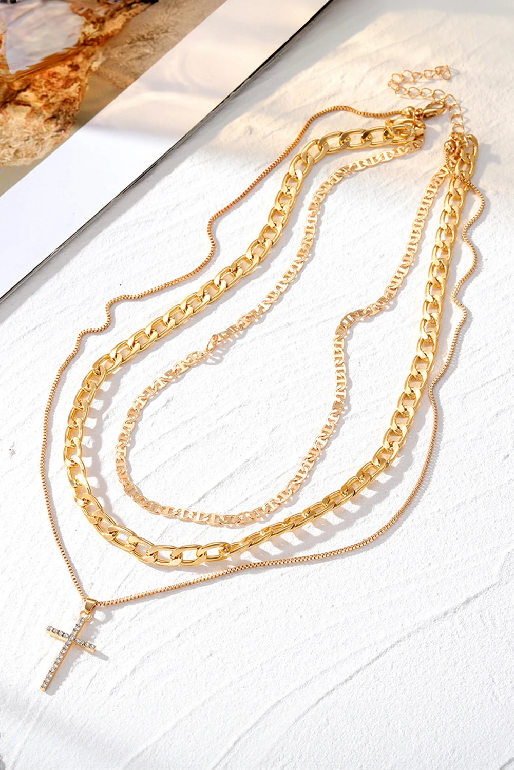 Gold Cross Rhinestone Layered Chain Necklace