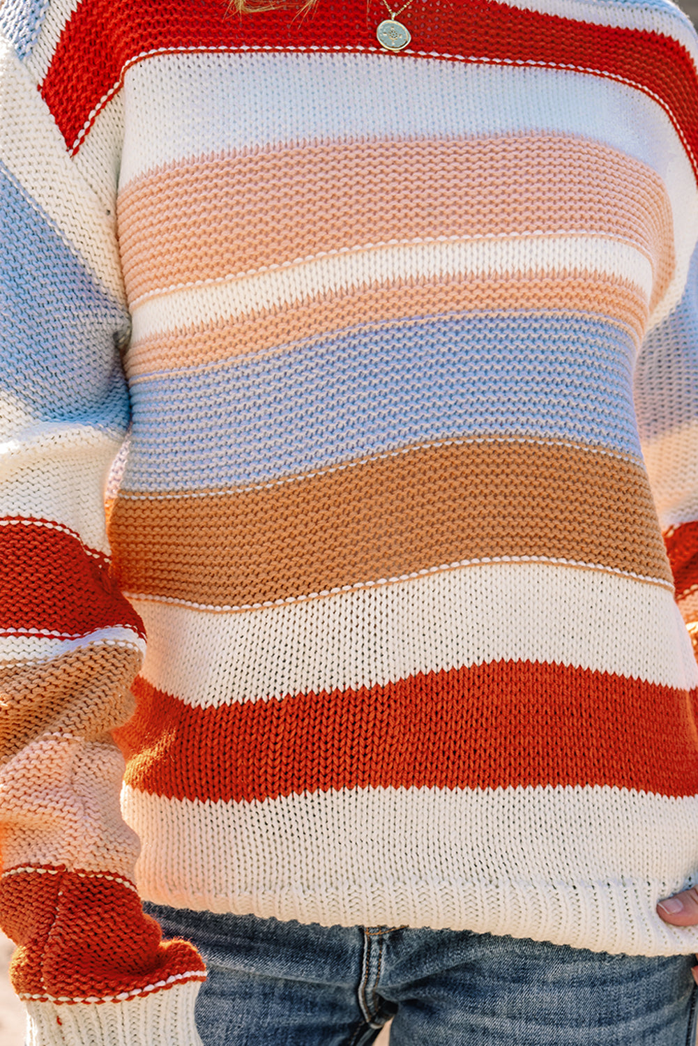Striped Colorblock Round Neck Drop Shoulder Sweater