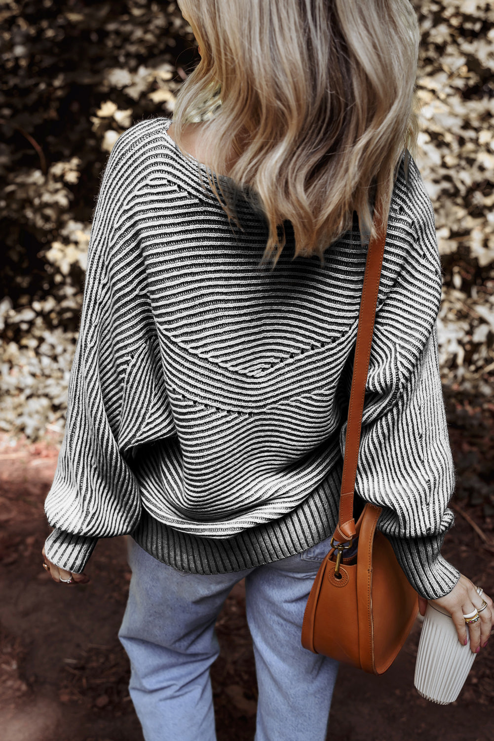Striped Knit Oversized Boat Neck Fall Sweater