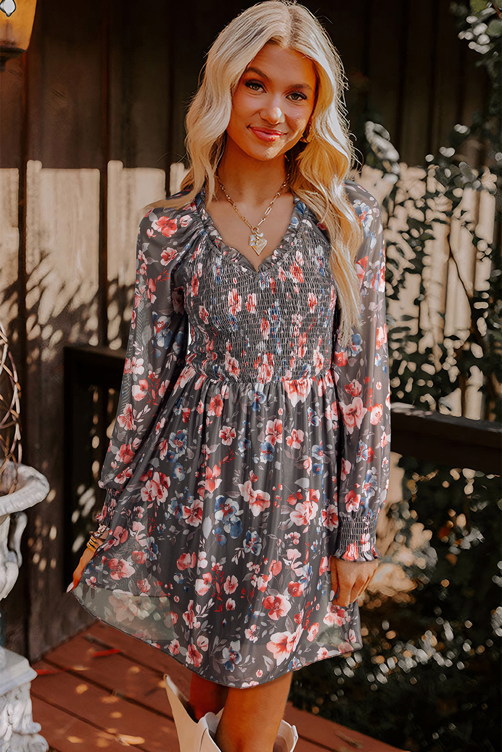 Fall Floral Smocked Bodice Mesh Long Sleeve Mini Dress