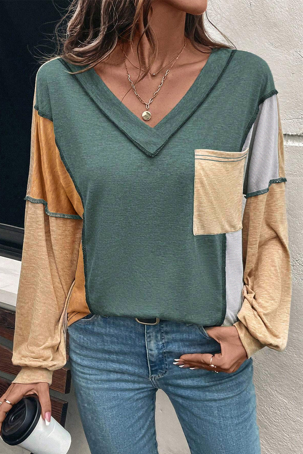 Colorblock V Neck Exposed Stitch Long Sleeve Top