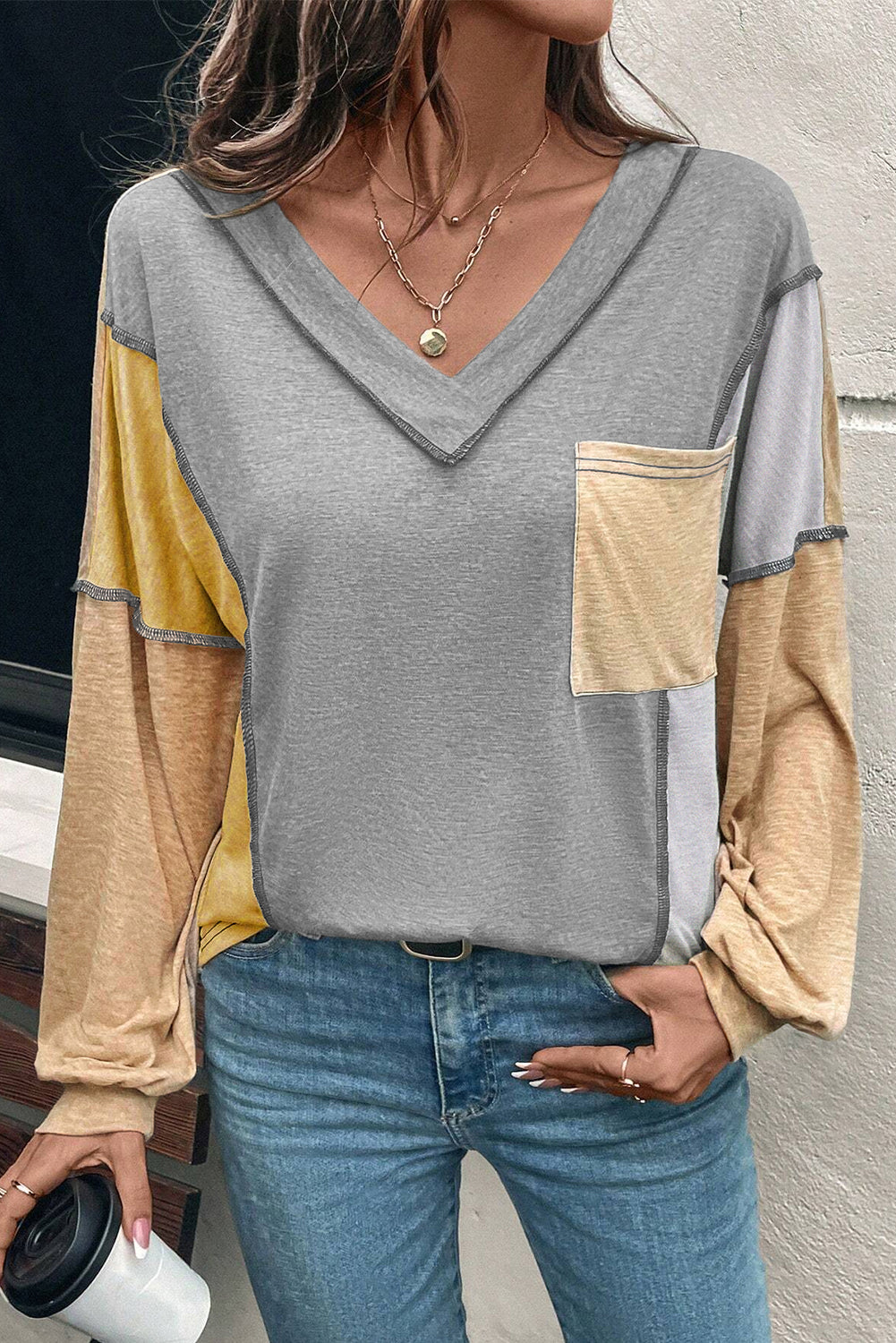 Colorblock V Neck Exposed Stitch Long Sleeve Top