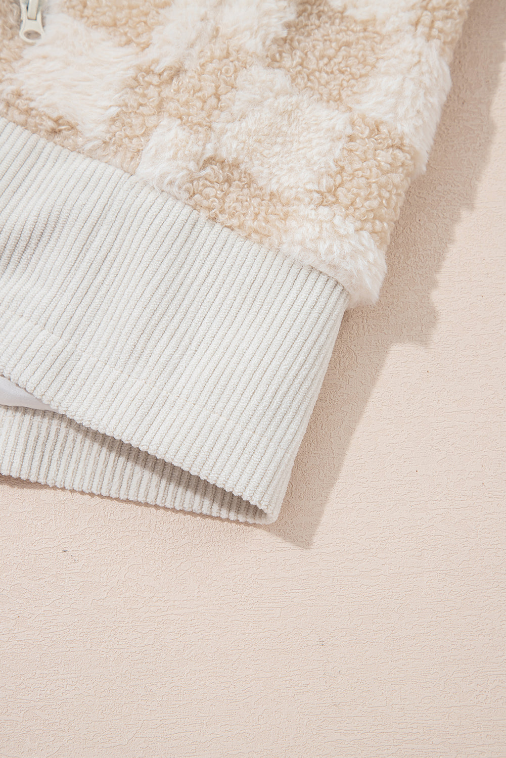 Khaki Checkered Sherpa Zip Up Jacket for Fall