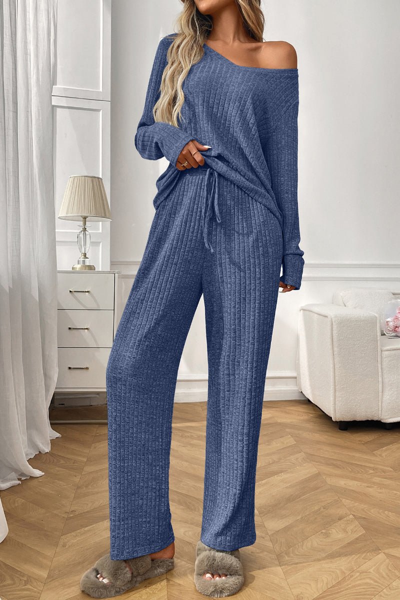 Womens Ribbed Knit Lounge Set Off Shoulder Pajama