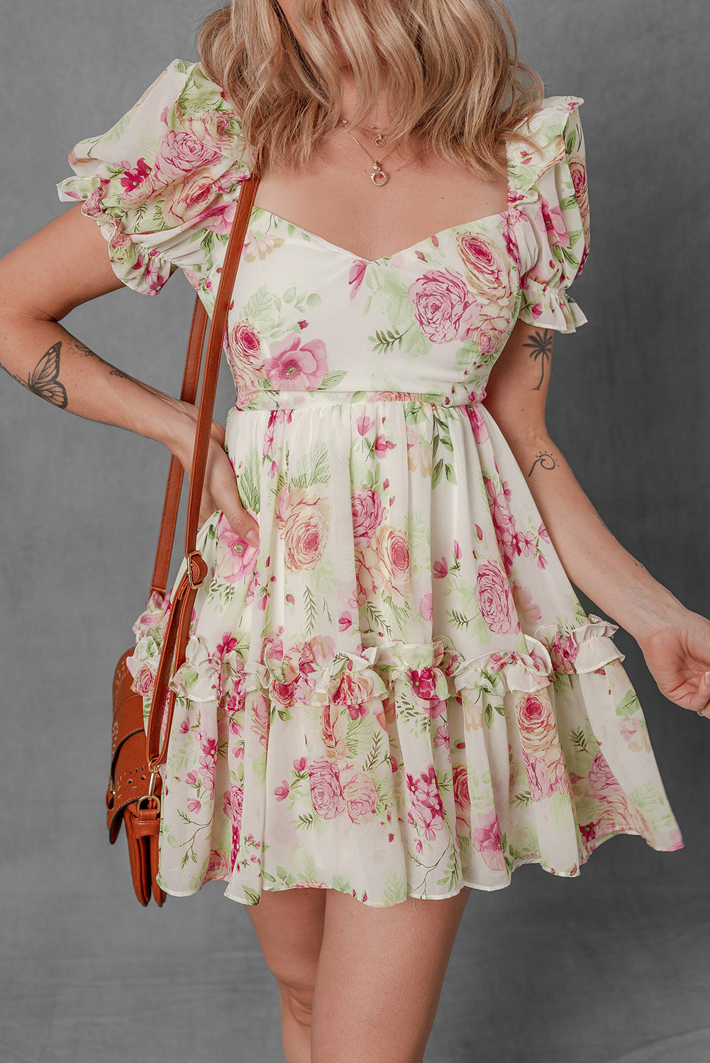 White Vibrant Floral Bubble Sleeve Ruffle Mini Dress