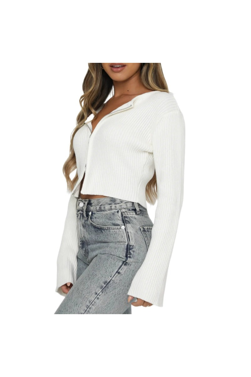 Womens Zip Up Ribbed Knit Sweater Long Sleeve Top