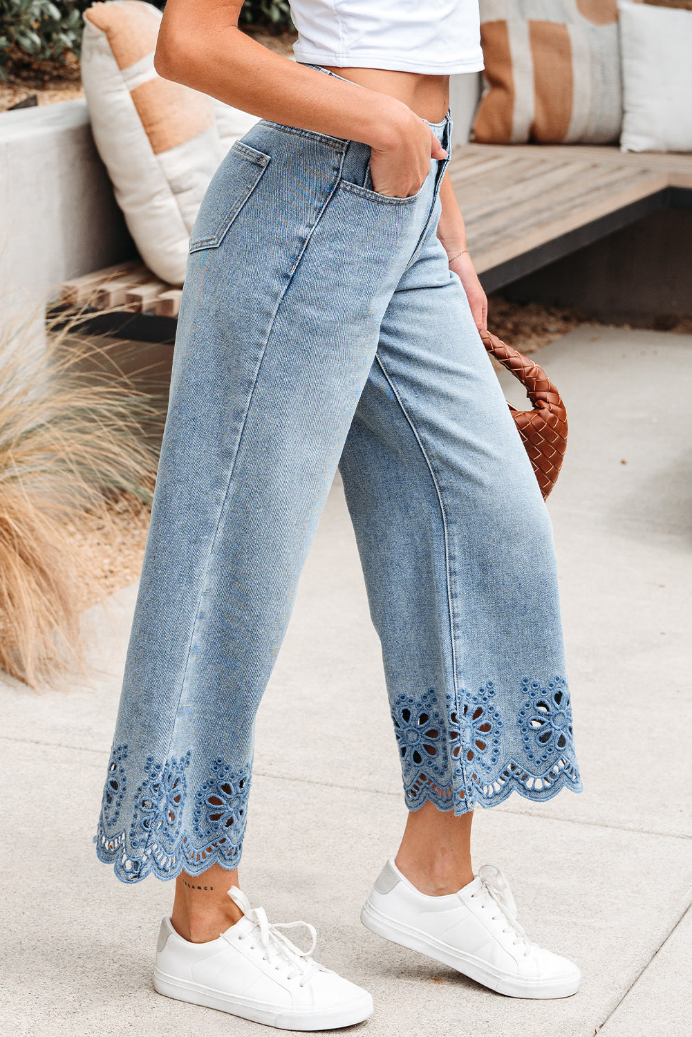 Embroidered Eyelet Wide Leg Cropped Jeans