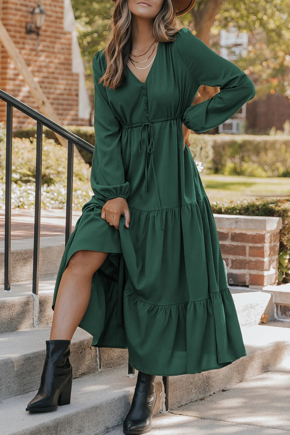 Solid Long Sleeve Button V Neck Tiered Maxi Dress