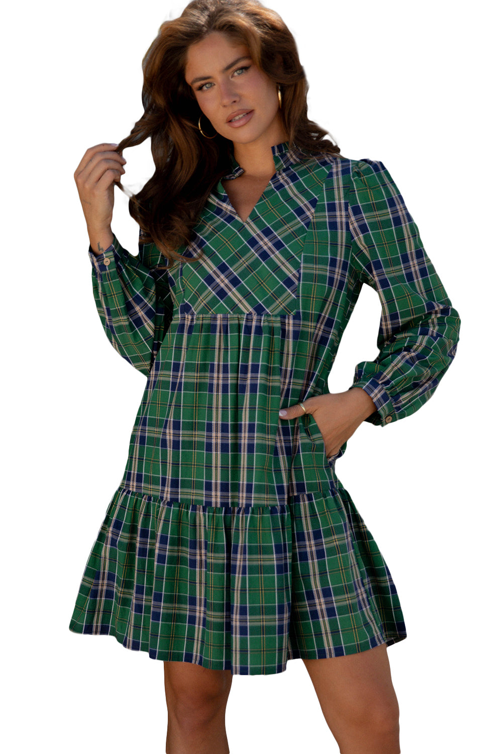 Plaid Ruffle Collar Long Sleeve Casual Mini Dress
