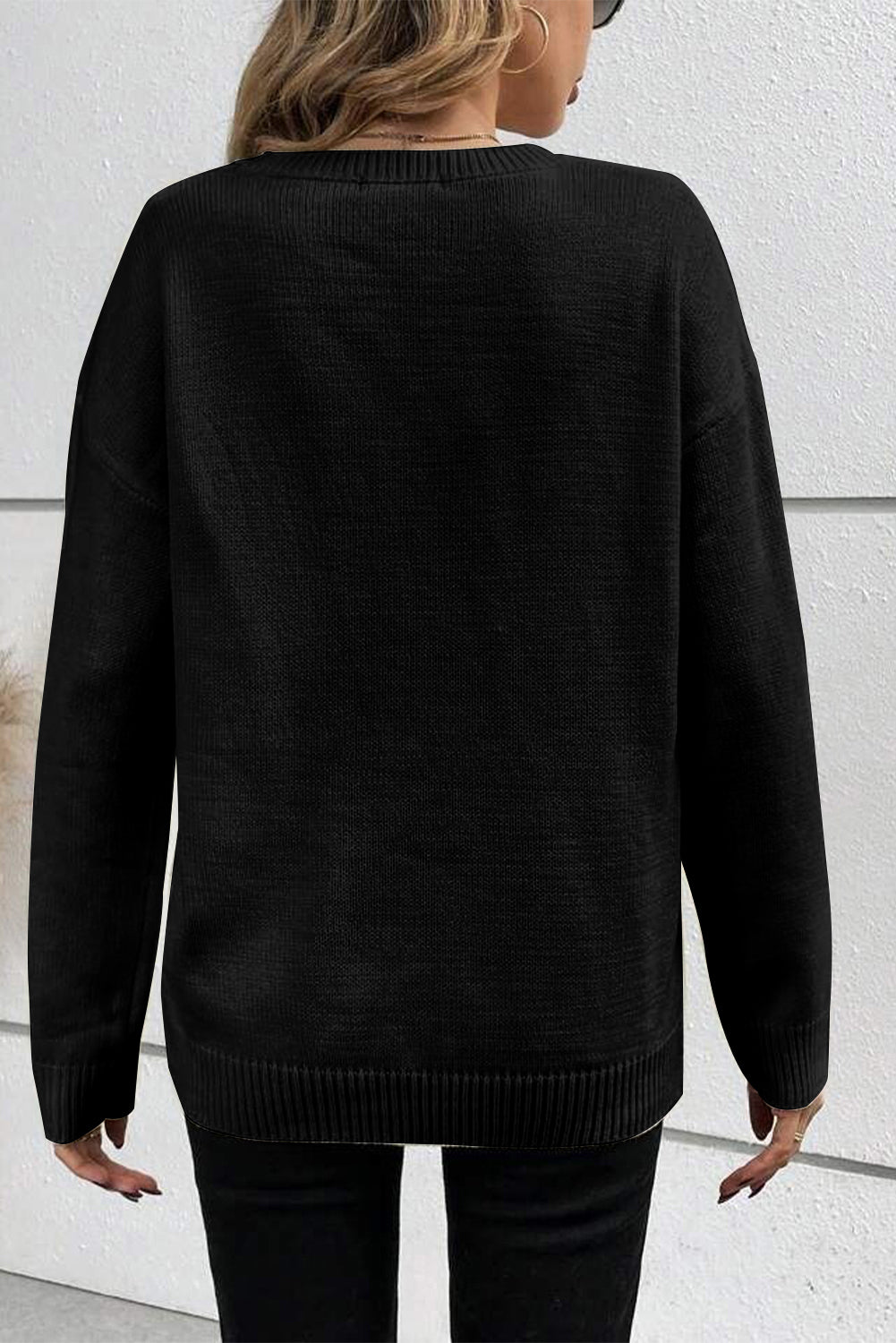 Boo Knitted Pattern Ribbed Edge Drop Sweater