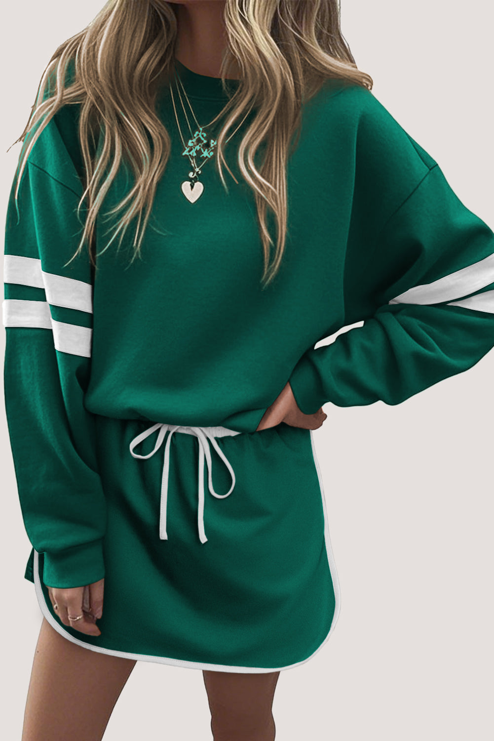 Varsity Stripe Pullover and Mini Skirt Two Piece Set