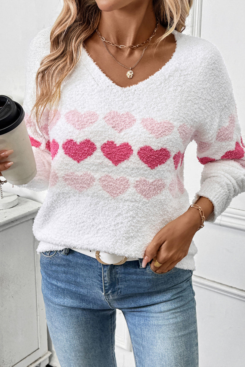 Sweetheart Print V Neck Pullover Sweater