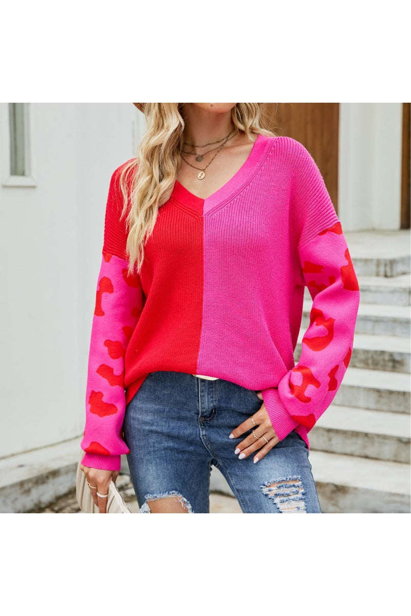 Color Block Leopard Print V Neck Sweater for Women