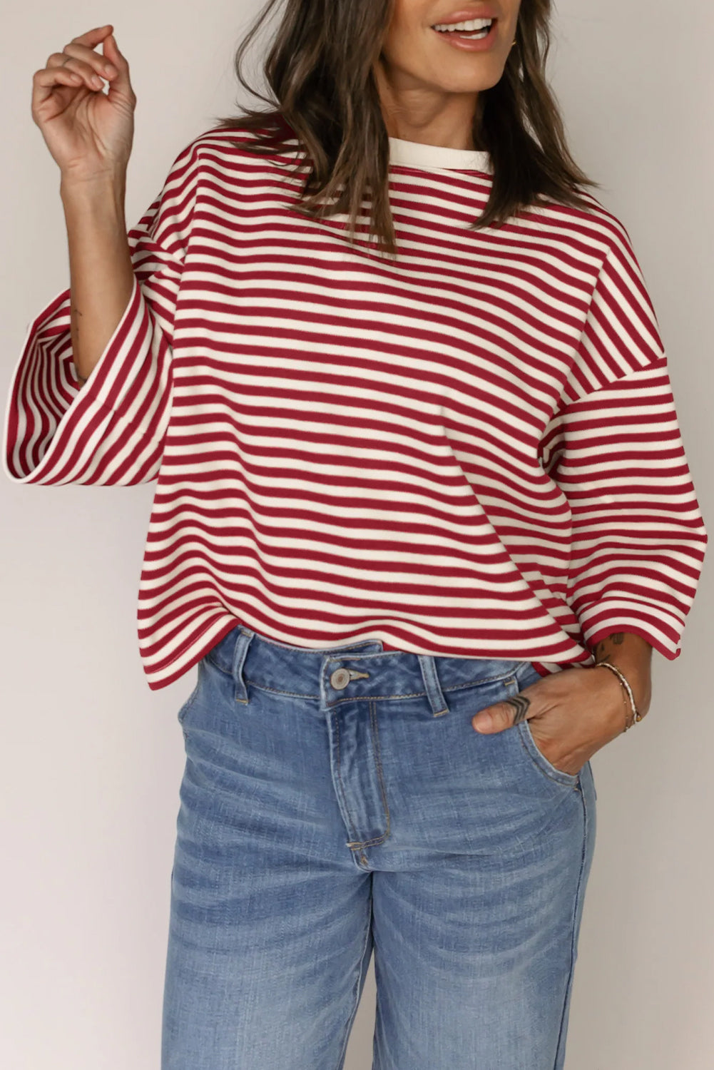 Striped Bow Back Cutout Wide Sleeve Loose Top