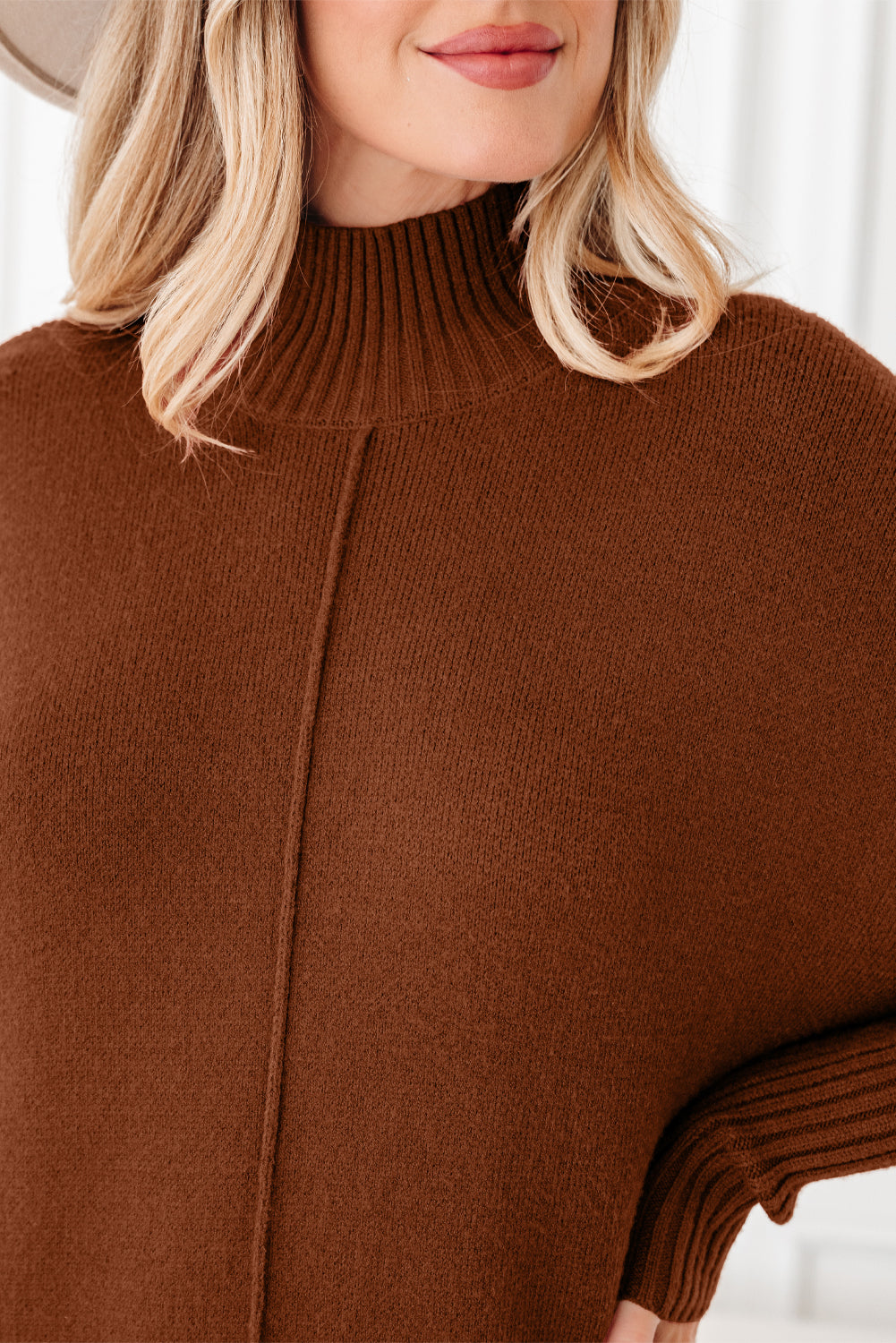 Ribbed High Neck Pocket Shift Knit Sweater Dress