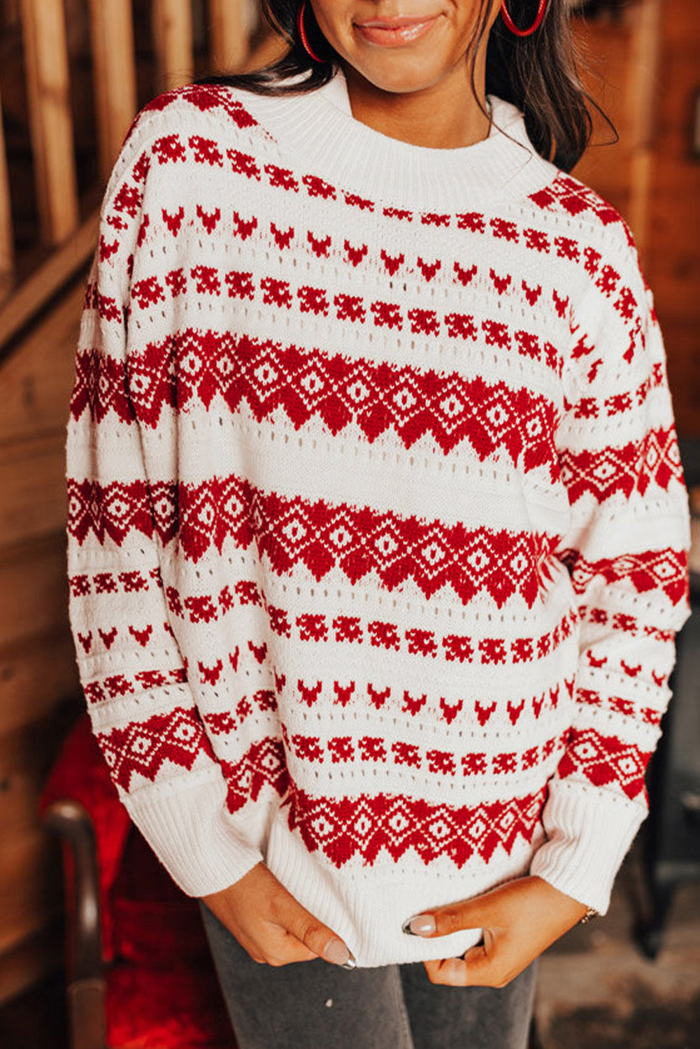 White Geometric Pattern Crew Neck Knit Sweater