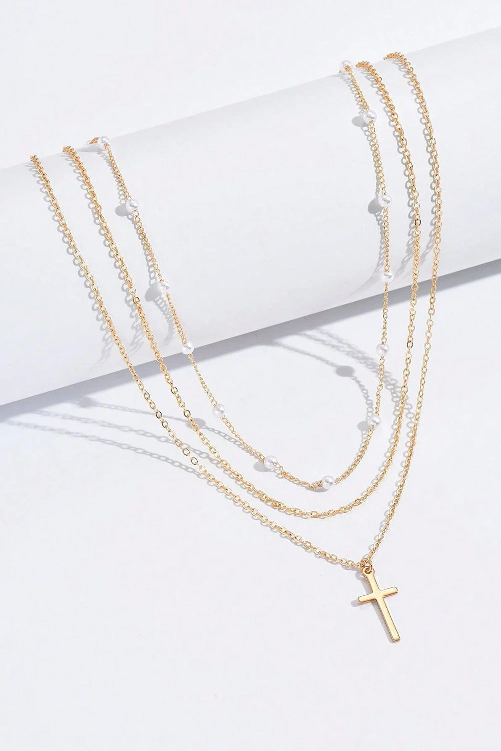 Gold Cross Pearl Layered Pendant Necklace