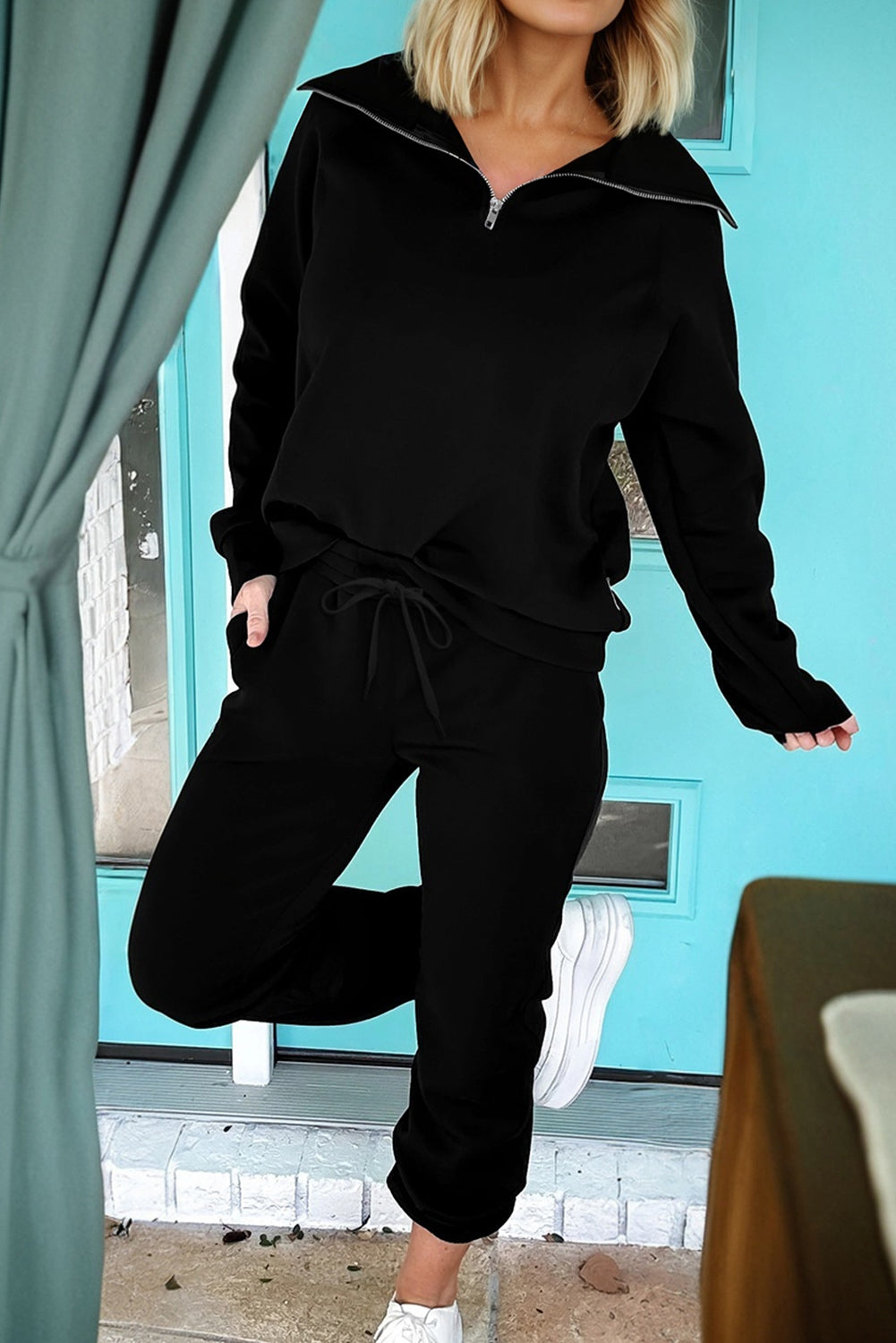Collar Long Sleeve Zip Top and Drawstring Pants Set