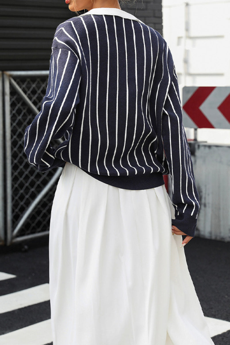 Striped Knit Polo Sweater Long Sleeve Street Style