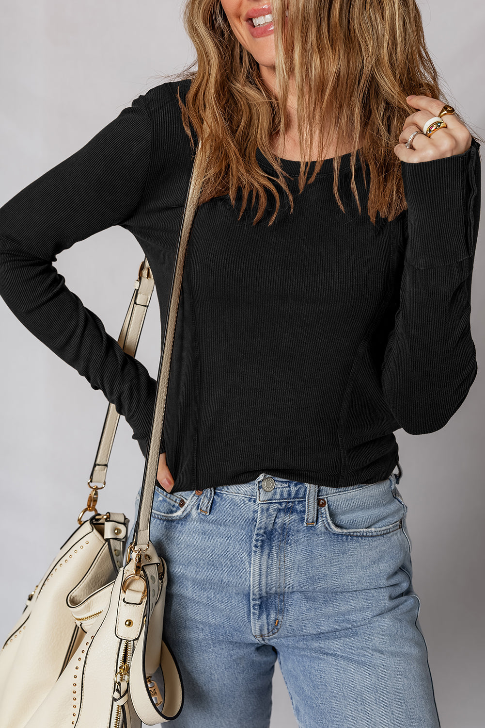 Burgundy Ribbed Button Cuff Long Sleeve Top