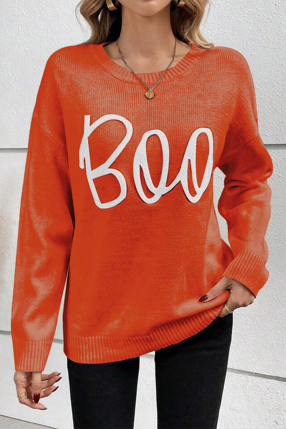 Boo Knitted Pattern Ribbed Edge Drop Sweater