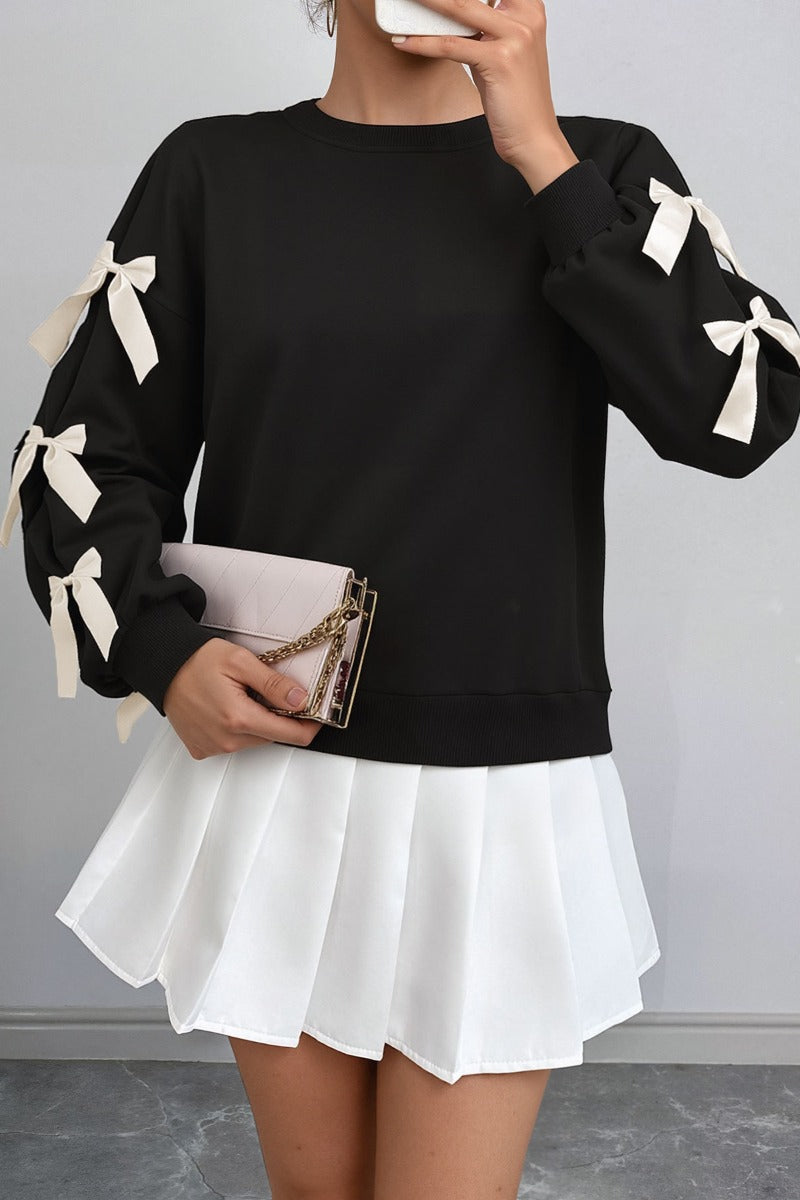 Crew Neck Pullover Top 3D Bowknot Trim Loose Sweatshirts
