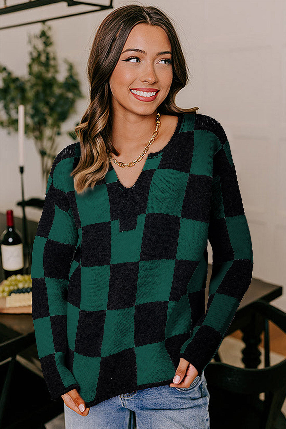 Checked Notched Neckline Drop Shoulder Knit Sweater