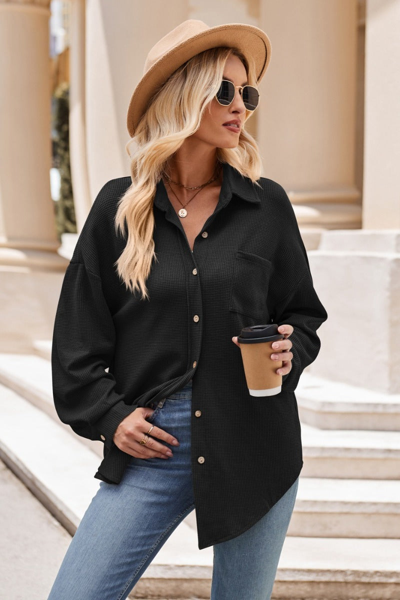 Waffle Knit Button Down Loose Fit Pocket Shirt Top
