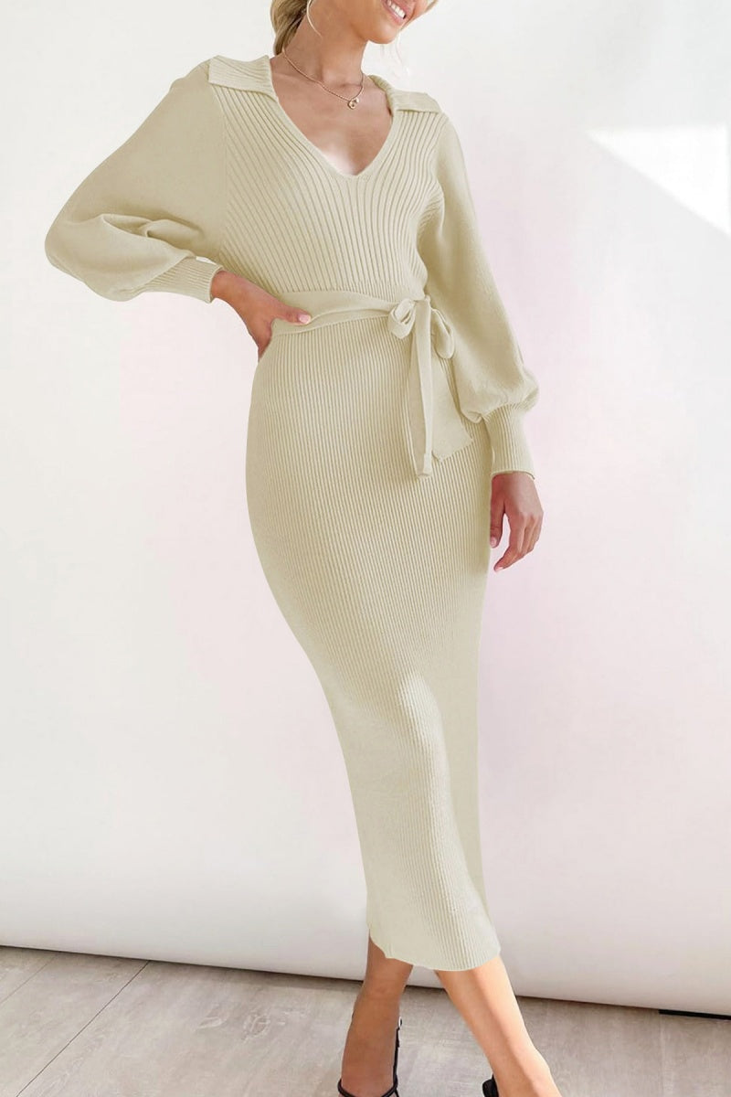 Elegant V Neck Lantern Sleeve Knit Belted Midi Sweater Dress