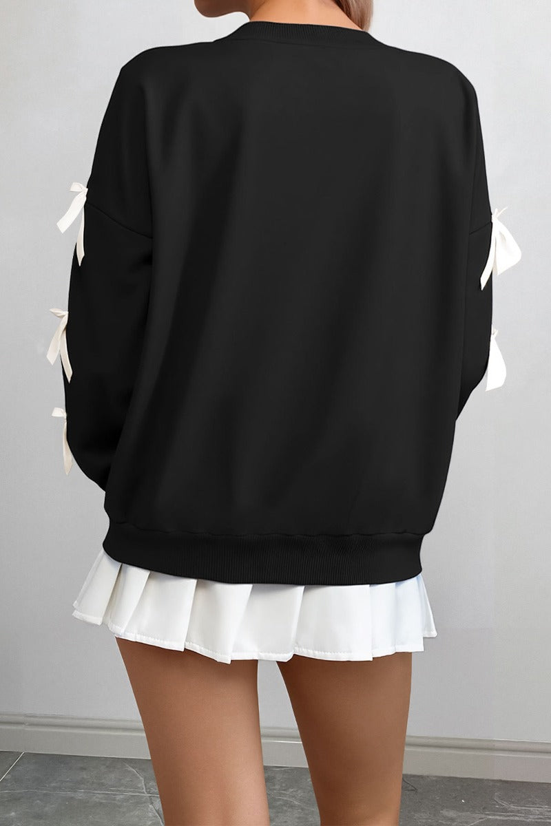 Crew Neck Pullover Top 3D Bowknot Trim Loose Sweatshirts