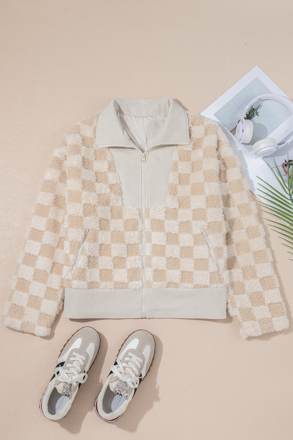 Khaki Checkered Sherpa Zip Up Jacket for Fall