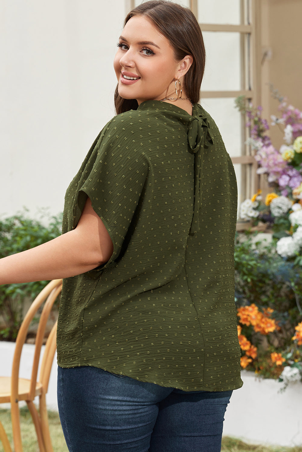 Moss Green Swiss Dot Plus Size Short Sleeve Top