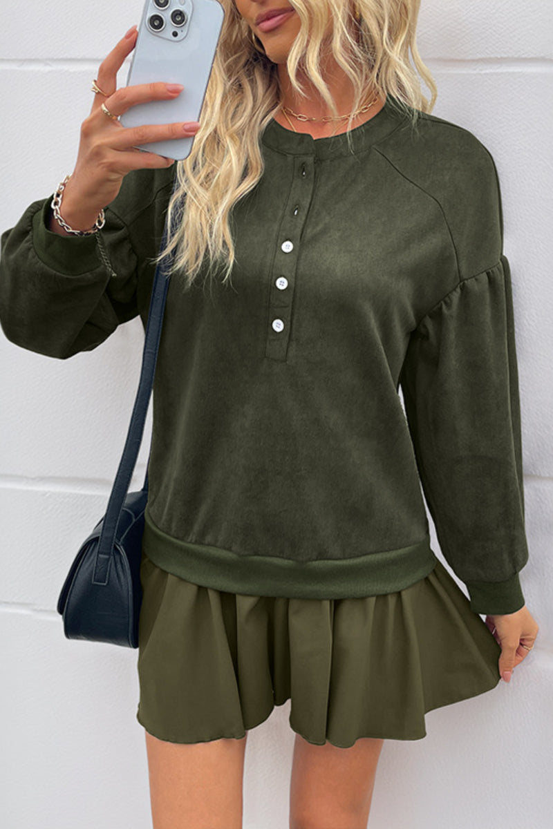 Sweet Puff Sleeve Sweatshirt Dress with Ruffle Hem