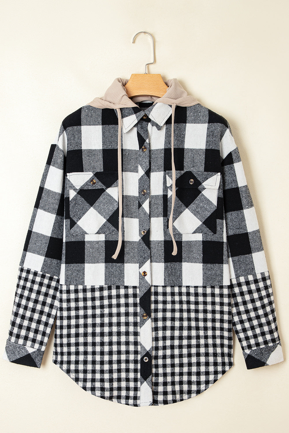 Casual Plaid Hoodie Drawstring Button Shacket