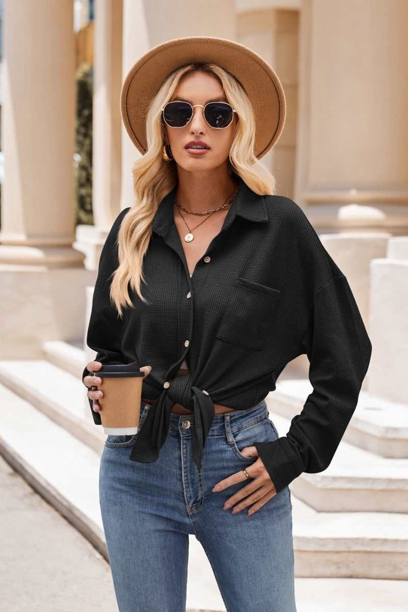 Waffle Knit Button Down Loose Fit Pocket Shirt Top