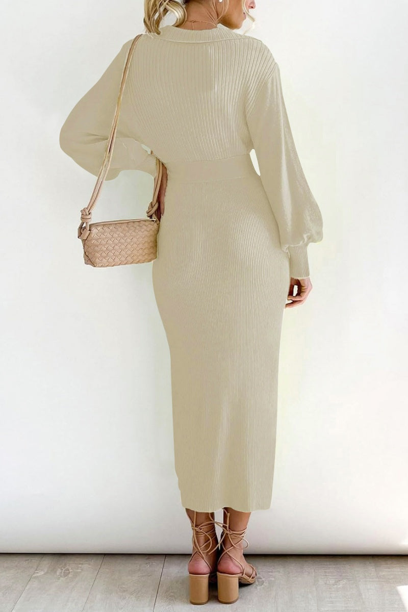 Elegant V Neck Lantern Sleeve Knit Belted Midi Sweater Dress
