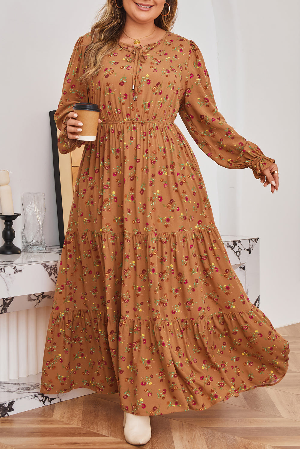 Plus Size Holiday Floral Tiered Maxi Dress