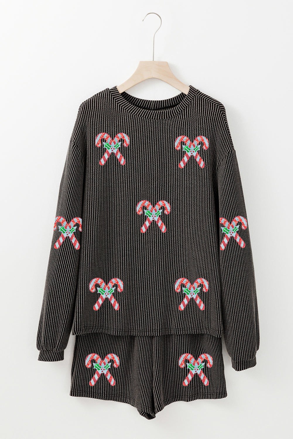 Candy Cane Sequin Long Sleeve Holiday Top and Shorts Set