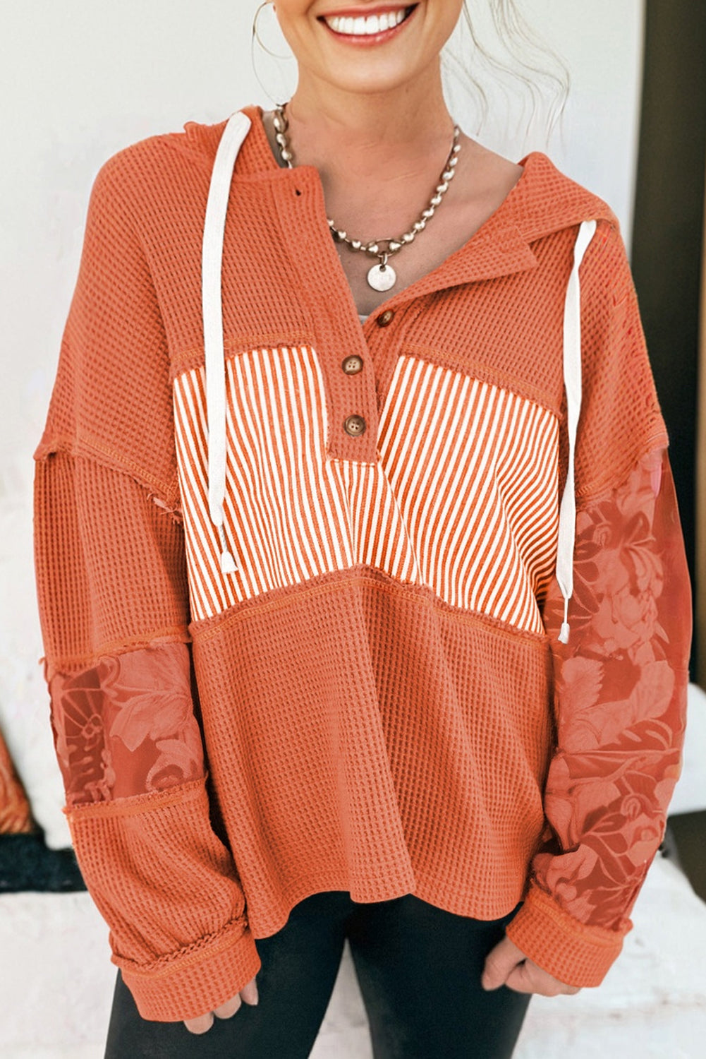 Waffle Patchwork Stripe Print Hooded Long Sleeve Top