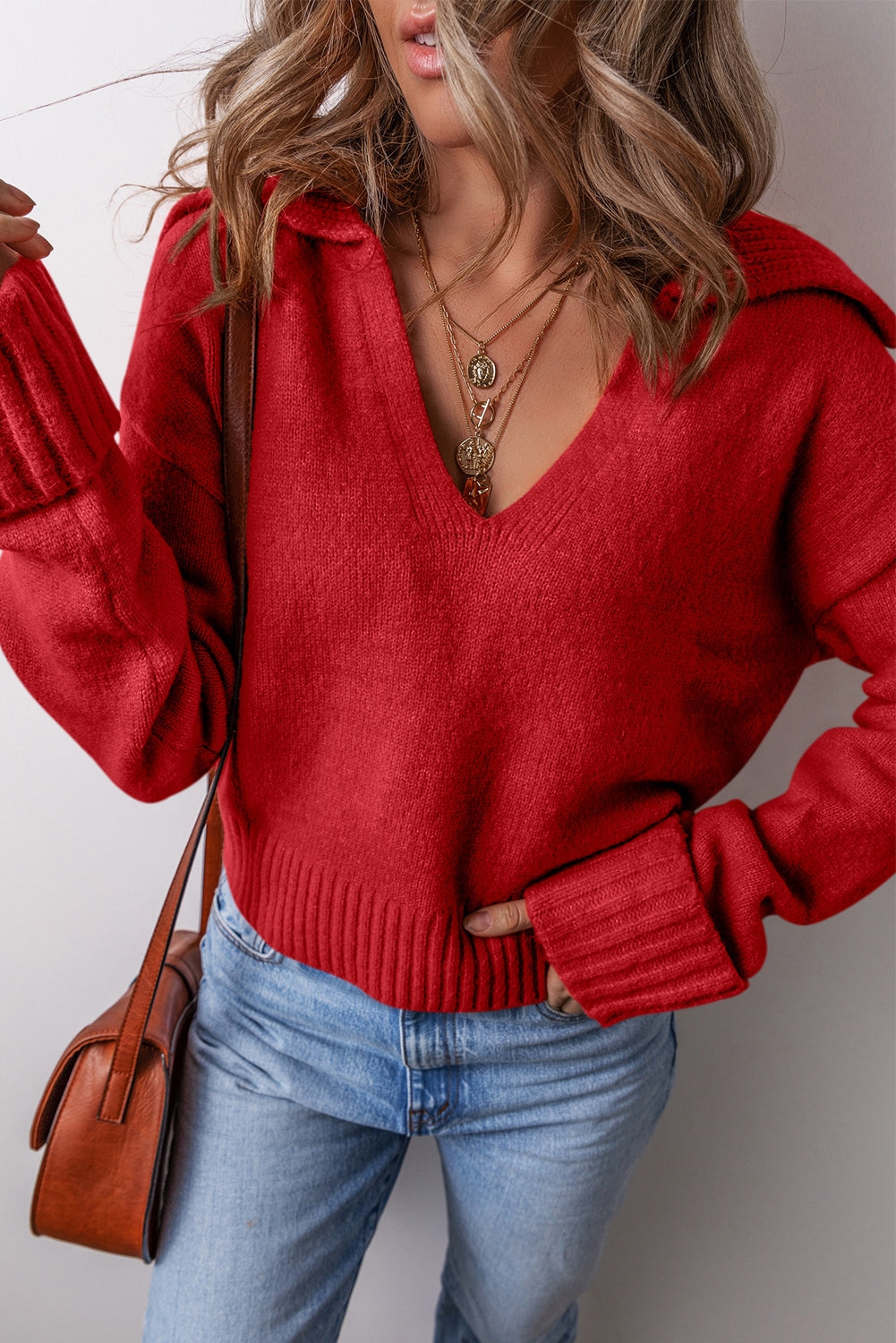 Collared V Neck Ribbed Edge Elegant Sweater